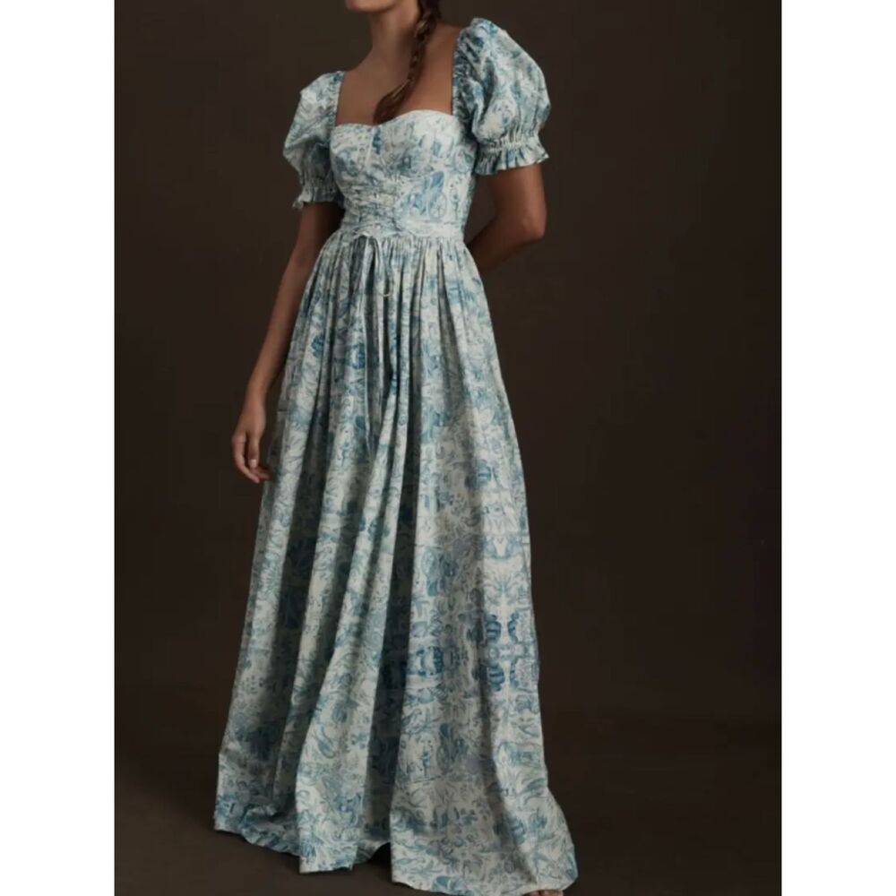 Selkie Seaside Renaissance Dress Blue Toile Corset Maxi Gown NWT
